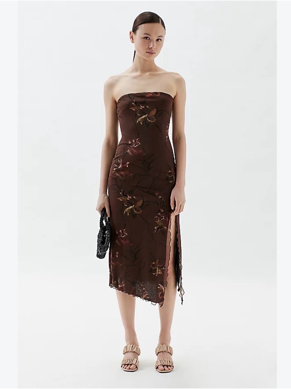 Urban Outfitters Brown Floral Strapless Midi Dress